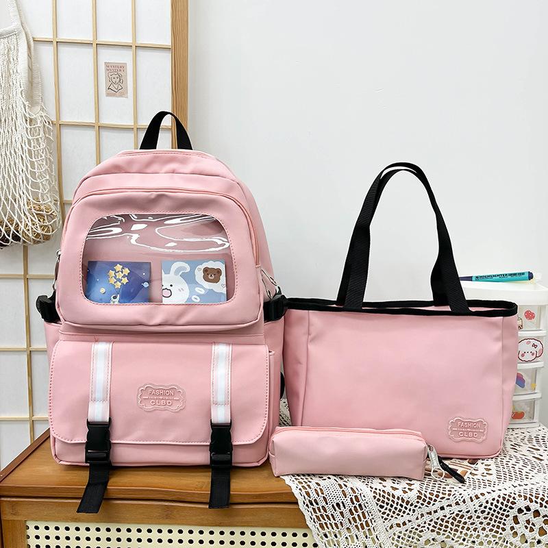 Three-Piece Backpack Set Student Schoolbag Women Solid Color Large Capacity Backpack with Lunch Bag Pen Bag