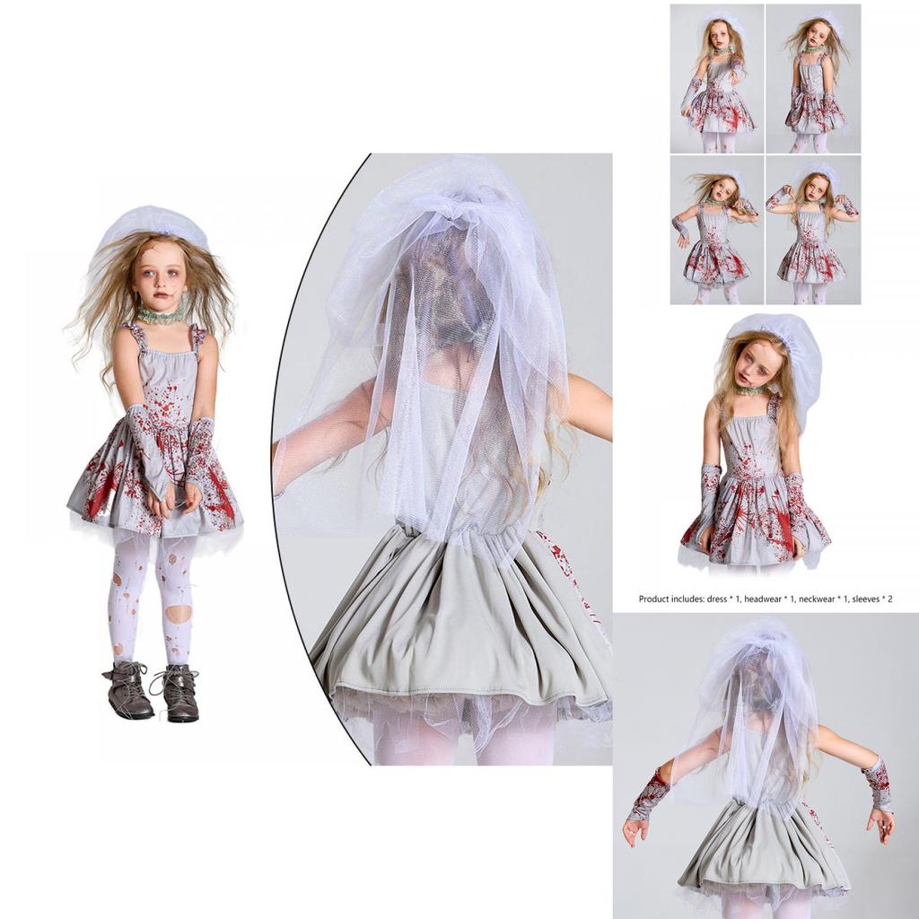 Women's Halloween Ghost Bride Costume Scary Gray Bloodstained Dress For Costume Parties And Cosplay