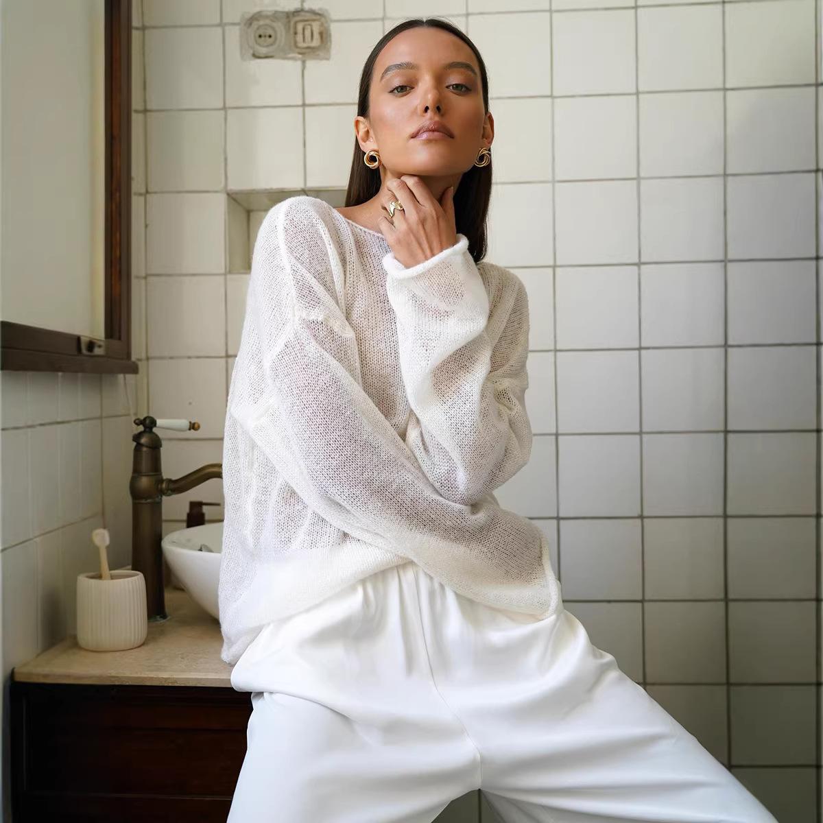 New Spring and Autumn Hollow Knit Top for Women, Loose Mesh Knit, Off-Shoulder, Sheer Thin Sweater S белый