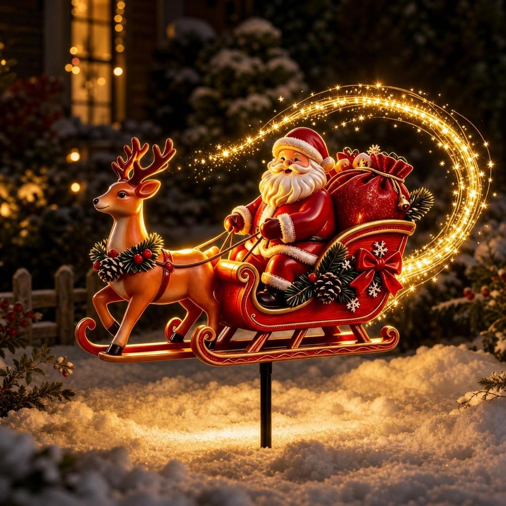 Santa and Reindeer Sleigh Decorative Yard Stake Figurine Eye-Catching for Lawn