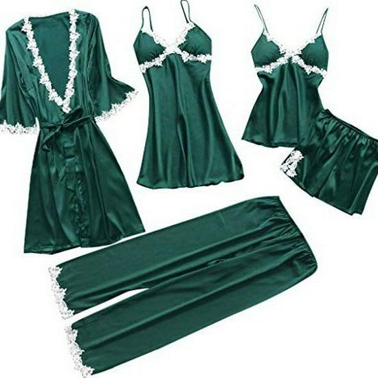 Damen Sexy Fünfteiliger Pyjama-Set - Sommer Braut Mid-Sleeve Morgenmantel, Übergröße Nachtwäsche Bademantel