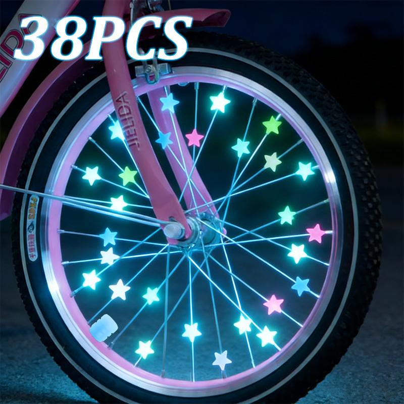 38pcs Glow-in-the-Dark Spoke Beads & Valve Caps, Glowable Star Wheel Nipples for Night Riding, Bike Wheel Decoration