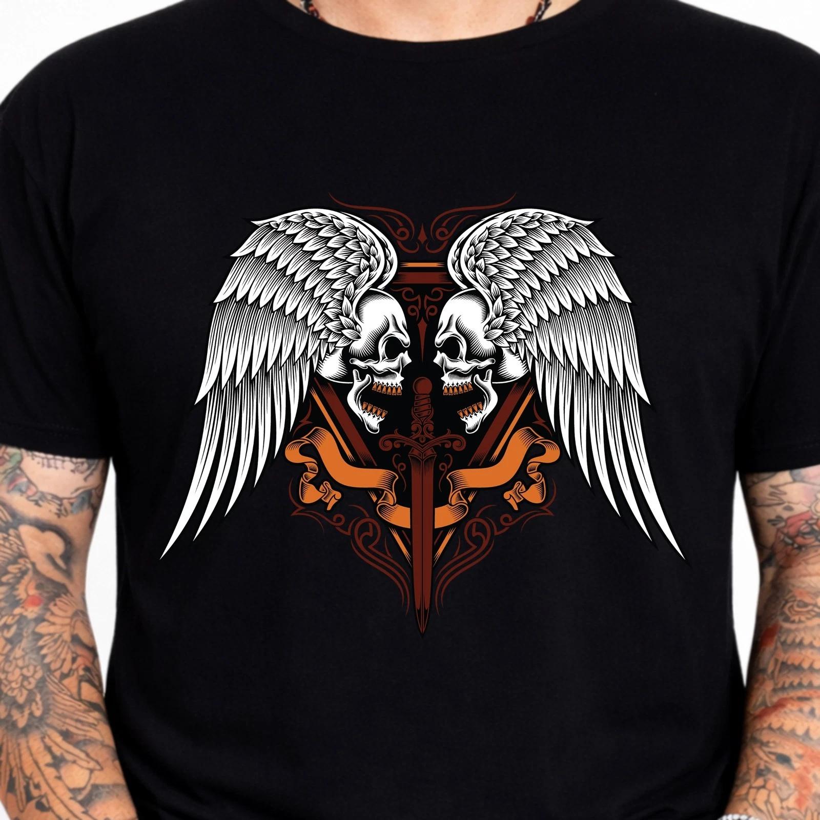 Skull Wings T-Shirt Angel Sword Gothic Dagger Biker Tattoo Vintage Tee . 4XL