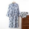 Men's Yarn-Dyed Pure Cotton Gauze Mid-Length Tie-Up Robe with Three-Quarter Sleeves – Spring to Autumn Wear