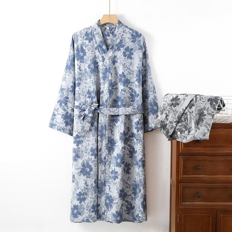 Men's Yarn-Dyed Pure Cotton Gauze Mid-Length Tie-Up Robe with Three-Quarter Sleeves – Spring to Autumn Wear