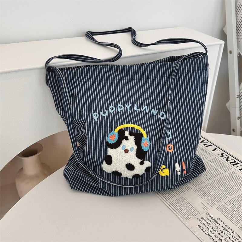 Literary Cute Puppy Cartoon Embroidered Striped Canvas Bag Student Shoulder Messenger Bag Female