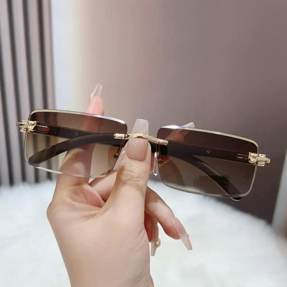 New Retro Cheetah Decoration Sunglasses For Women Men Trendy Rimless Shades Uv400 Summer Eyewear Fashion Ocean Lens Sun Glasses