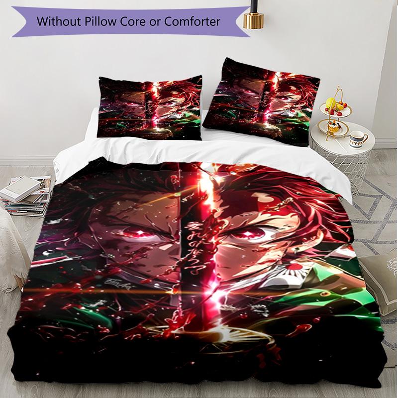 Set cuvertură de pilota 3 buc (1 * Husă de pilota + 2 * Față de pernă, Fără Miez), Set de așternut moale cu imprimeu Demon Slayer, pentru toate anotimpurile, Decor pentru dormitorul de acasă, Cadou