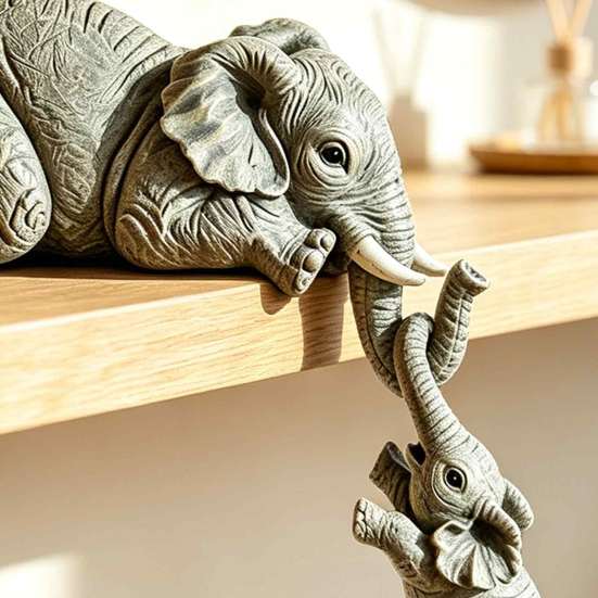 Hanging Elephant Statue for Bookshelf Shelf Sitter, Mother 2 Baby Elephants On The Decorative Statues Table Edge Edge, Hand-Painted Resin Collectable