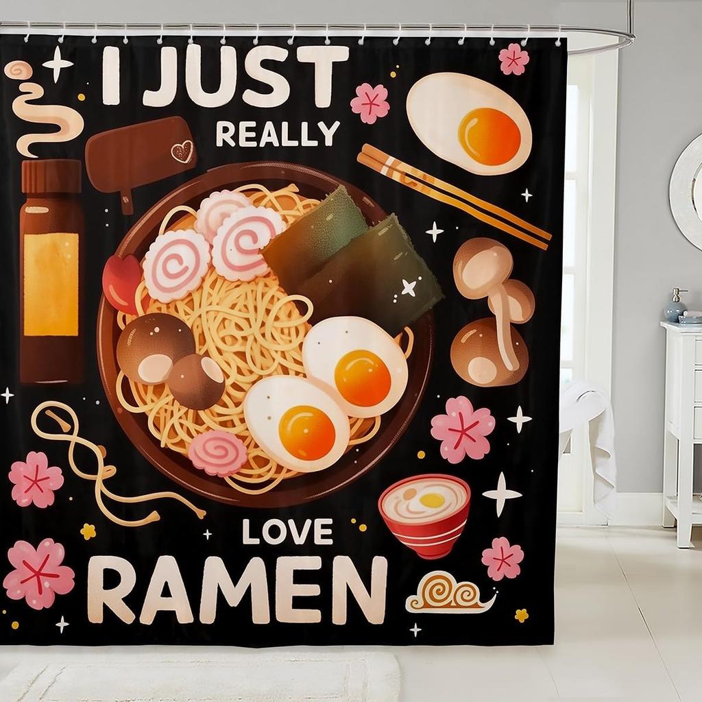 Ramen Noodle Shower Curtain Set Bathroom Decor for Kids Girls Boys,Japanese Style Bathroom Set Funny Food Fabric Shower Curtain