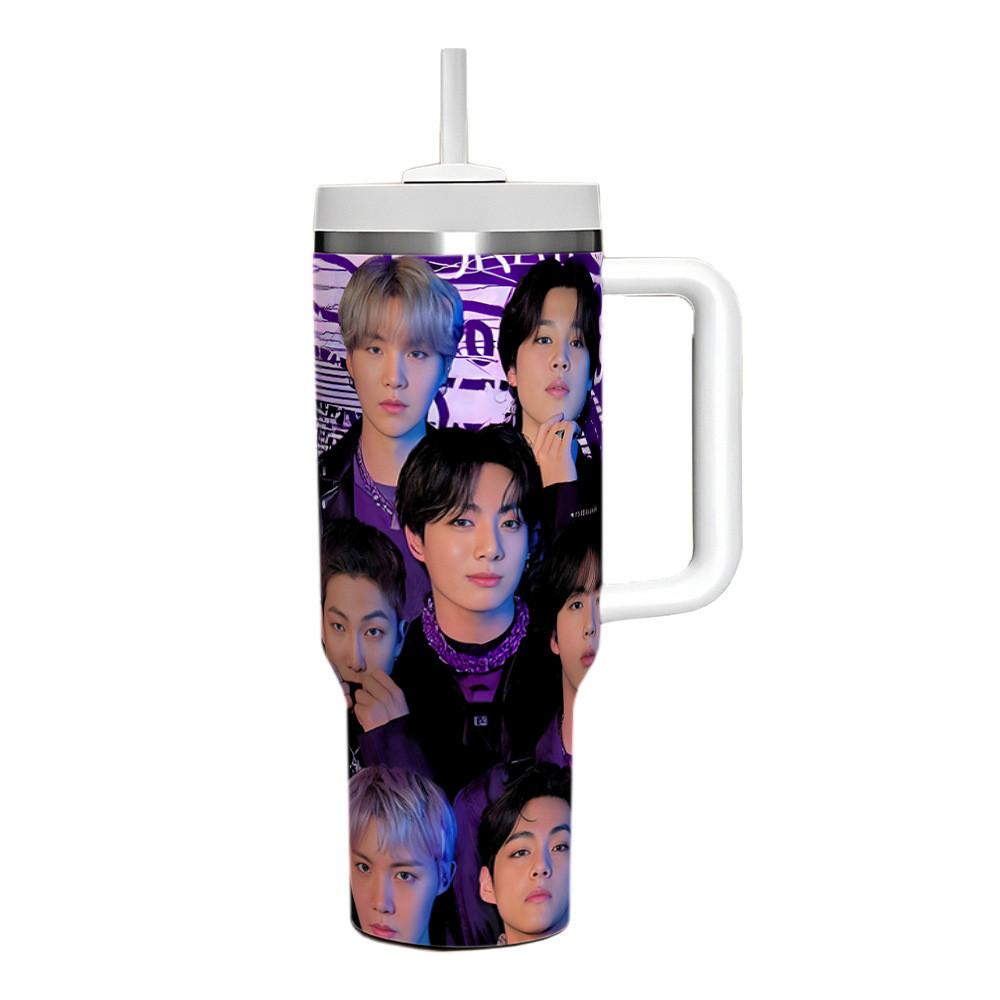 Bts 40oz Auto Reismok Met Handvat En Rietjes Draagbare Geïsoleerde Fles Voor Dagelijks Gebruik