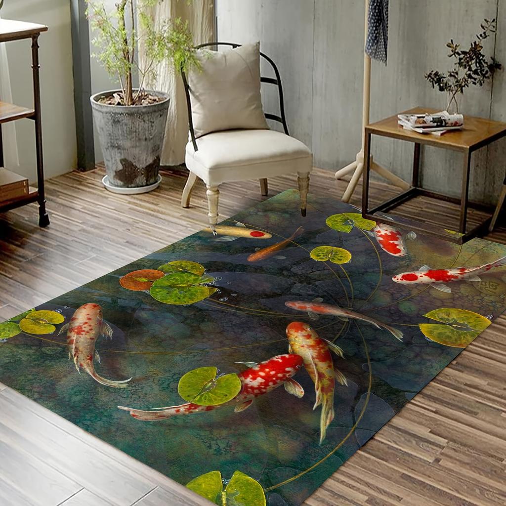 Hand-painting Style Rug Koi Fish Pattern Carpet Welcome Door Mat Living Bedroom Dining Kitchen Reading Laundry Room Home Decor