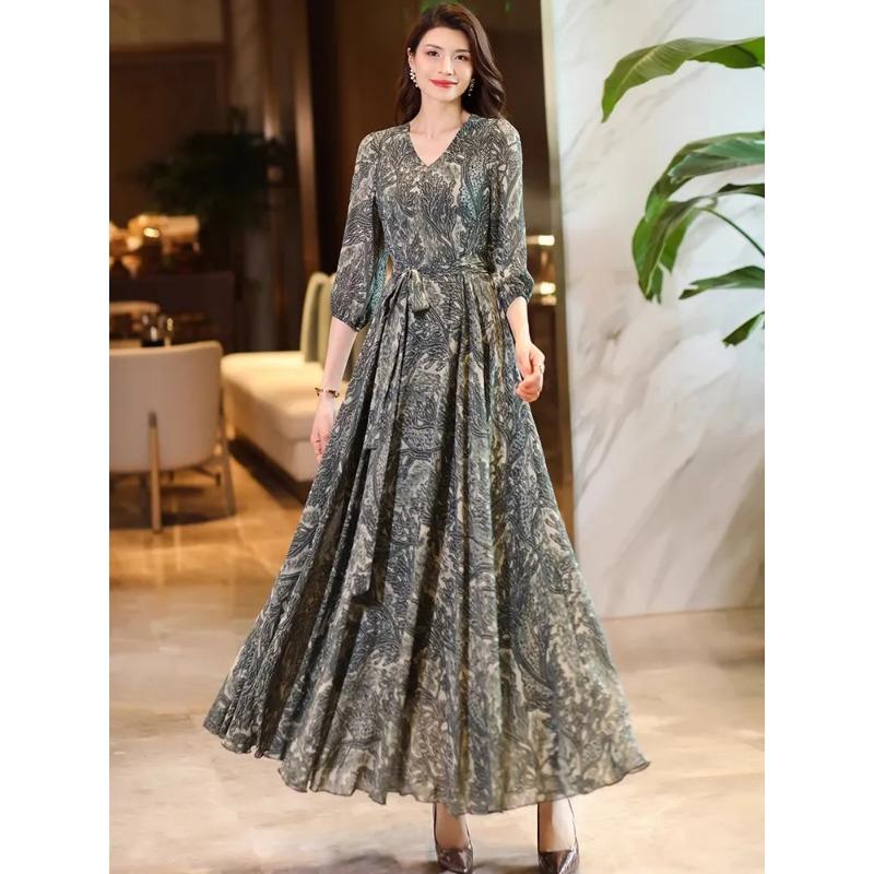 Women's Abstract Leaf Print Maxi V-neck 3/4 Sleeve Belted Waist Elegant Party Dress