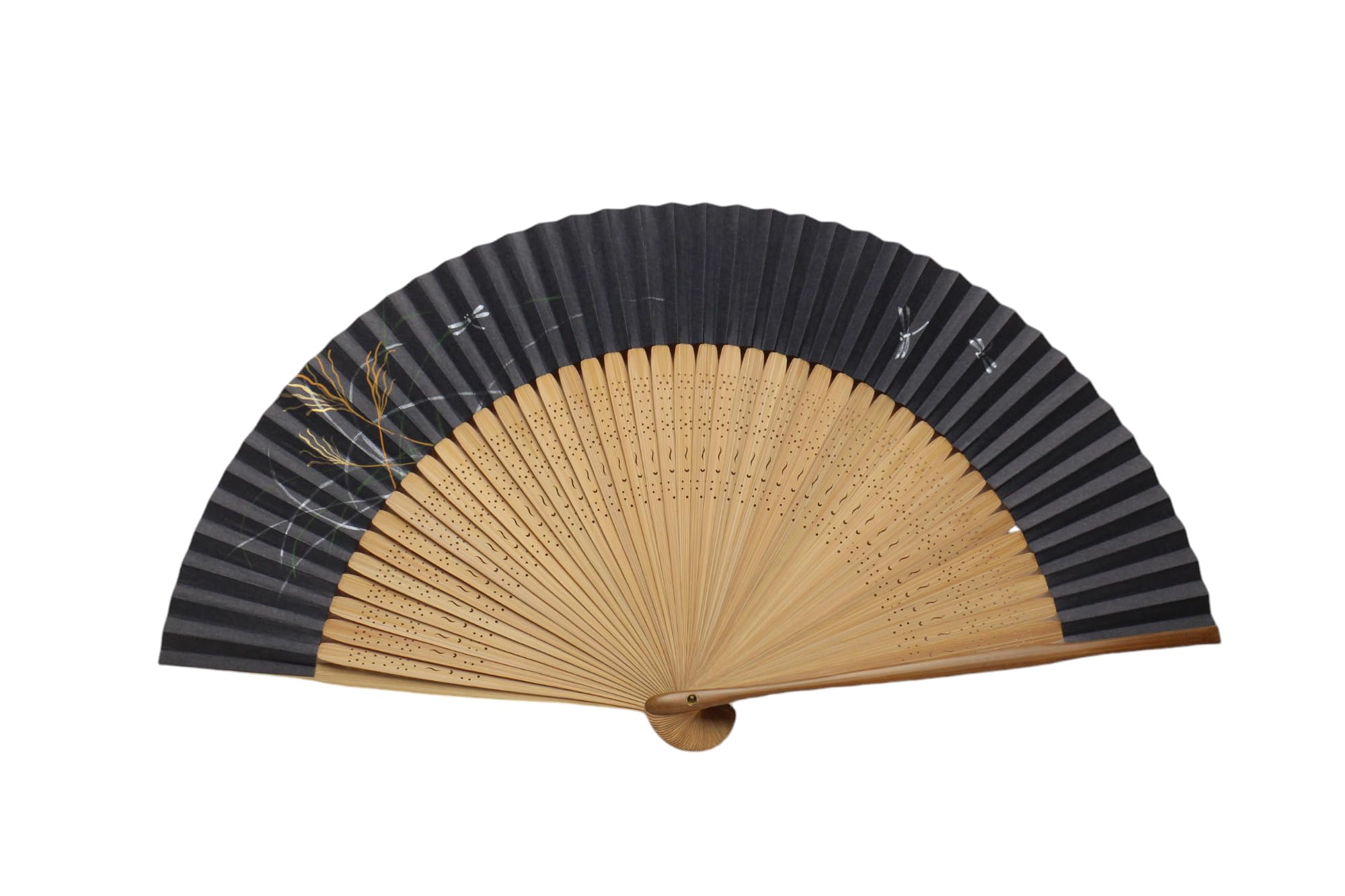 

темно-синий складной веер Киото с изображением стрекозы и японского пампасного тростника Сделано в Идеальный подарок для себя или кого-то Включает простую подарочную длинную