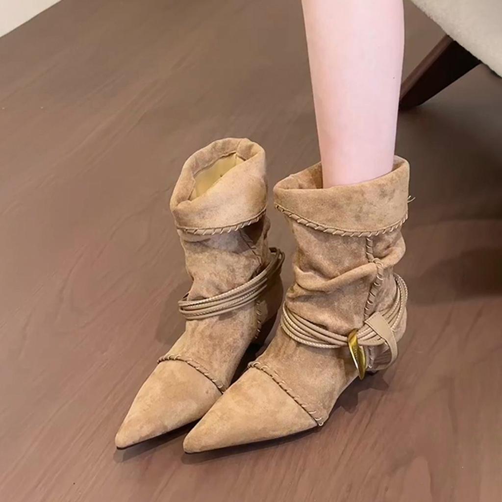 Sheepskin Design Sense Versatile Thick Heel Hot Girls Western Boots Women's Short Boots Woven Niche Two Wear Boots Pleated Pile Boots