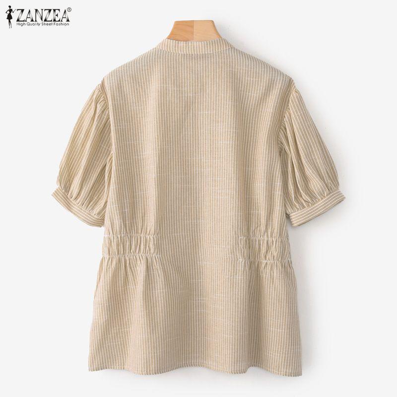 ZANZEA Women Casual Round Neck Loose Short Sleeve Stripe Blouse