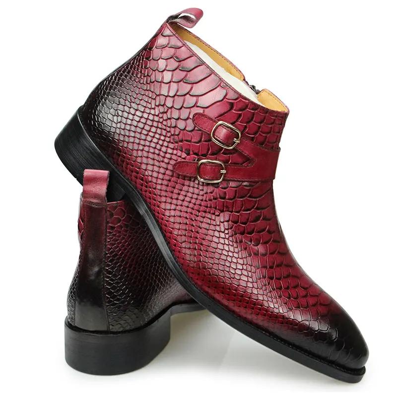 2024 Warm Autumn Cow  Ankle Zipper Boots Fashion Snake Print Good Quality Business Genuine Leather Dress Shoes for Men Red Black