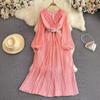 French High-end Celebrity Temperament Long-sleeved V-neck Ruffle Edge Waist Thin Medium and Long A-word Pleated Dress Spring