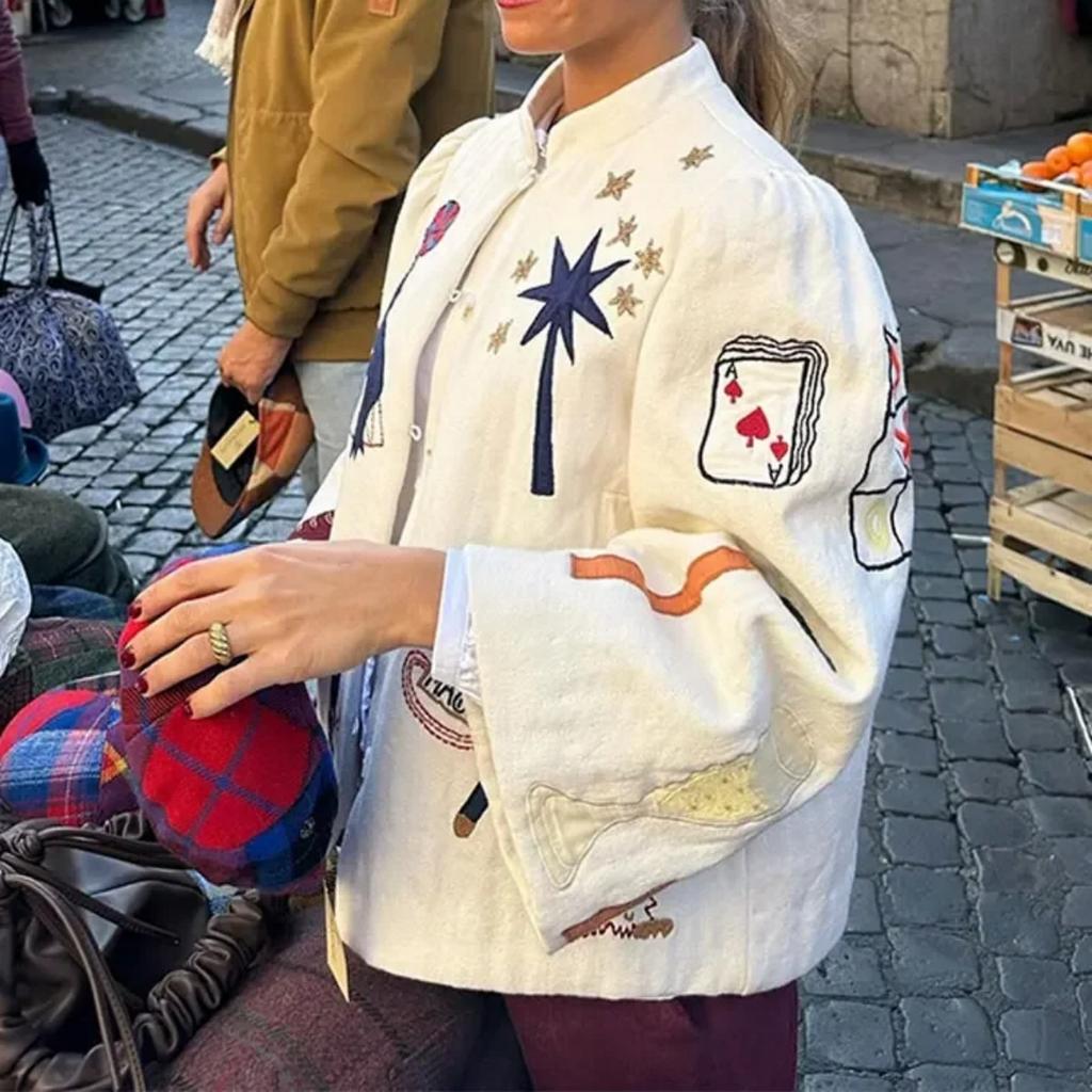 2024 våren vintage trykt kåpe for kvinner Uformelt stativ krage Single Breasted langermet jakke kvinnelig mote overfrakk