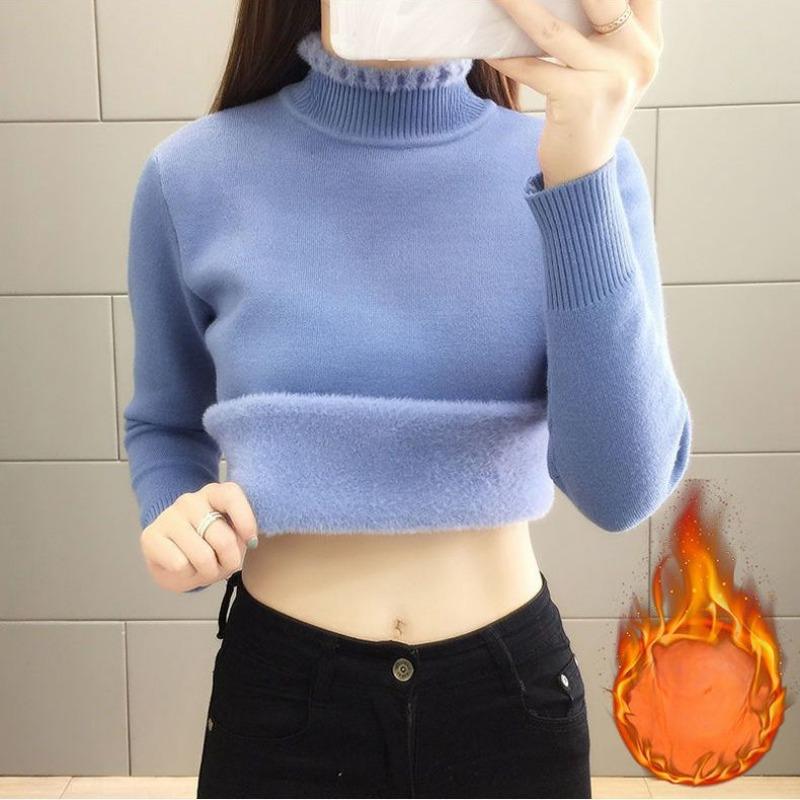 Women Winter Warm Slim Thicken Plush Sweater Velvet Lined Half Turtleneck Knit Pullover Jumper Soft Knitwear