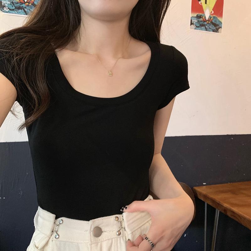 Women's Slim Fit Solid Color U-Neck Short Sleeve T-Shirt - 2025 Summer Trend