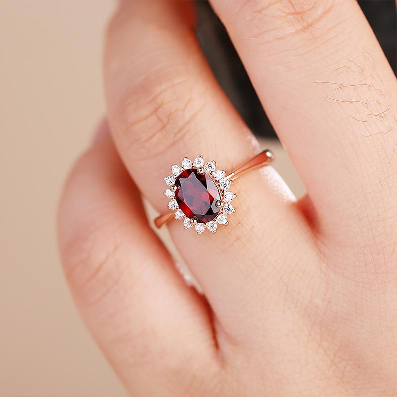 Imitation Natural Garnet Princess Diana Ring Rose Gold Plated With Diamonds Flower Ring