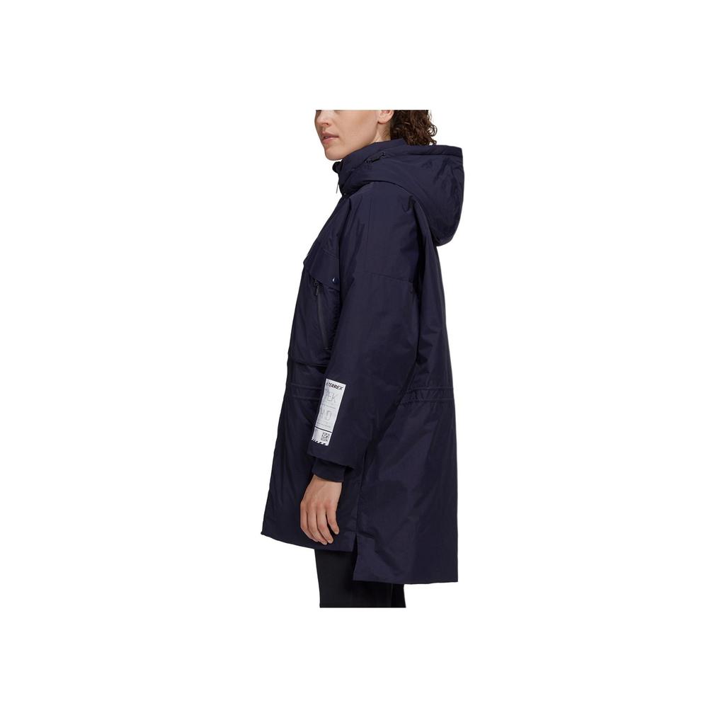 Adidas Solid Color Mid-Length Casual Hooded Down Jacket Women Outerwear Blue GE9970