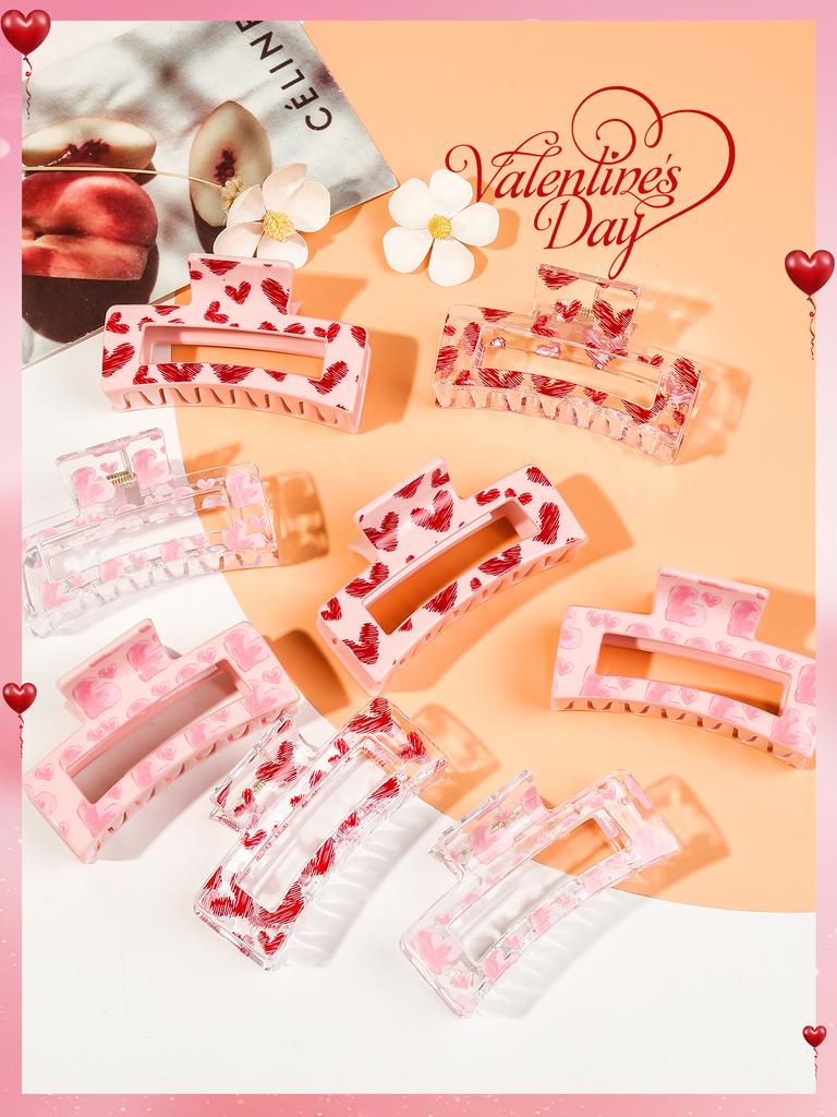 8Pcs Pink Heart Print Hair Claw Clips for Women,Strong Hold Colorful Hair Clamps Hairpin Valentine's Day Hair Accessories Gift