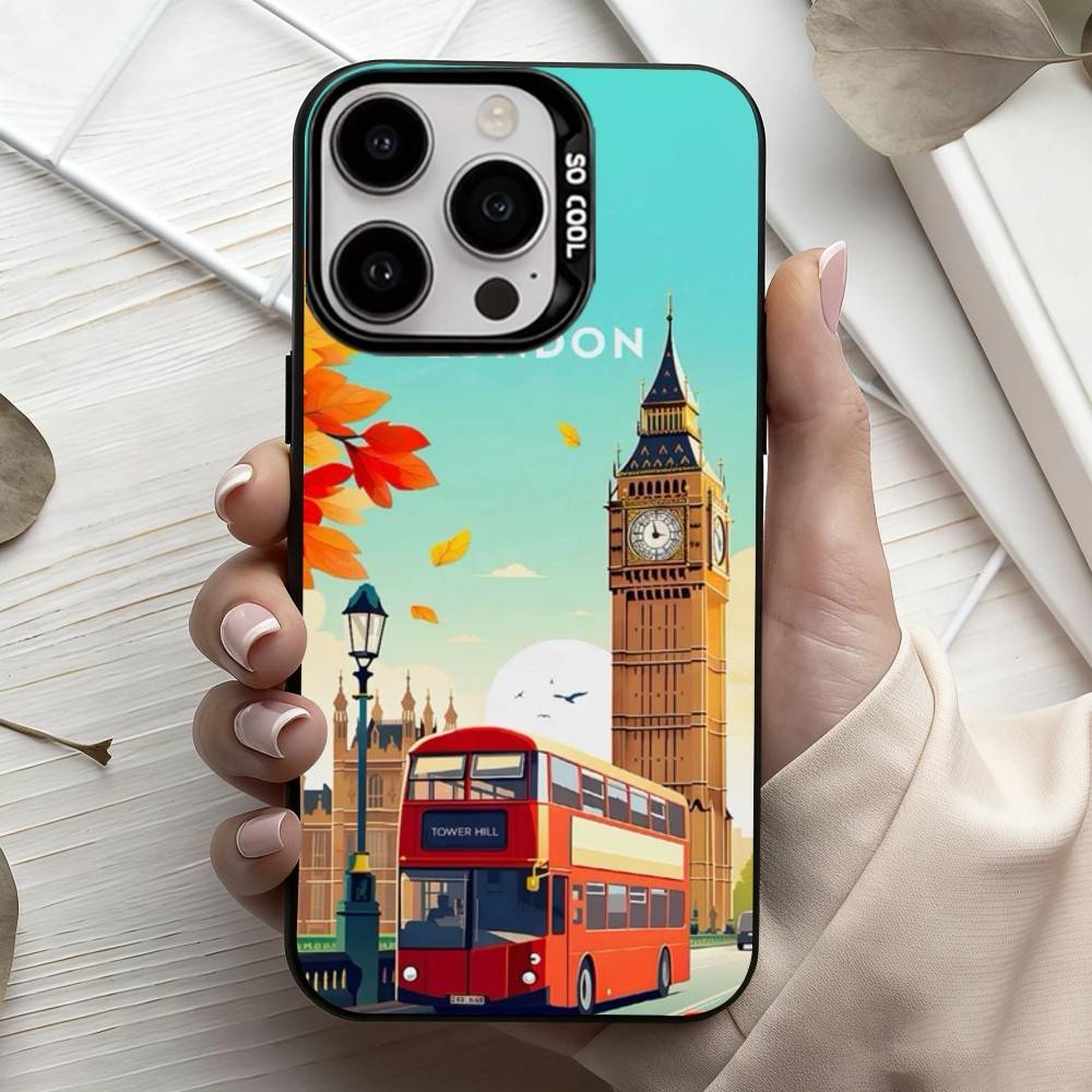 L-London Bus England Big B-Ben Phone Case For iPhone17,16,15,14,13,12,11 Plus,Pro Max Candy Silver Plated Inside Cover