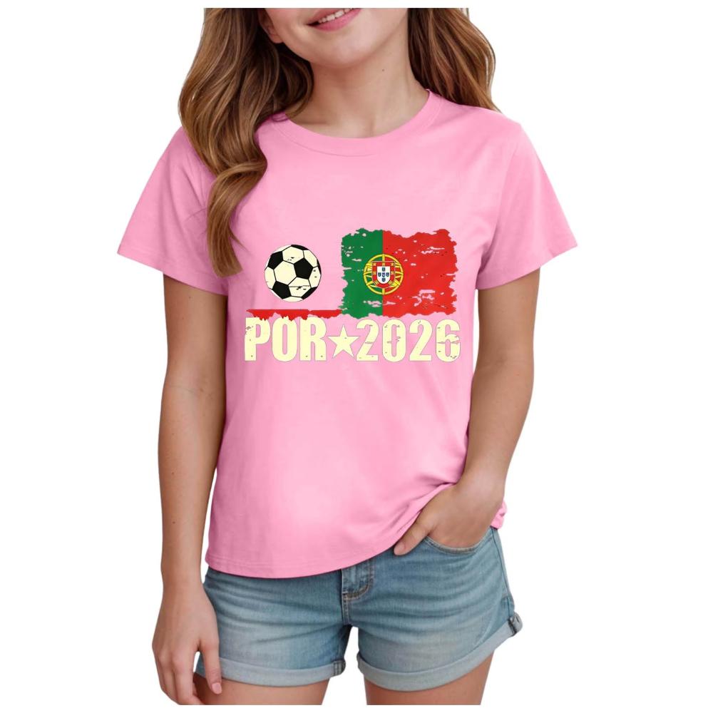 Kids Girls 2026 Portugal Soccer TShirt Vintage Portugal Flag Football Printed Short Sleeve Boys and Girls Summer Casual Tops 110