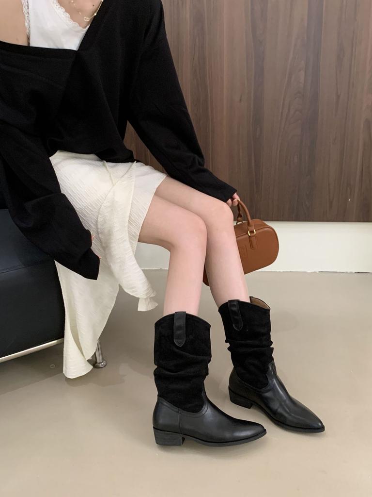 Thick heel pointed mid boots pleated stacked boots women's 2025 autumn and winter new retro thin boots short boots women's Martin boots