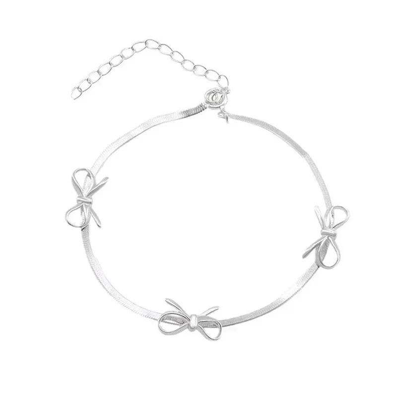 Cute Fresh Silver Color Simple Bowknot Bracelet for Women Ladies Elegent Chain Necklace Bangle Party Light Luxury Jewelry
