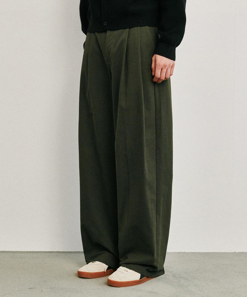 GLW Wide Double-Pleat Cotton Pants Khaki