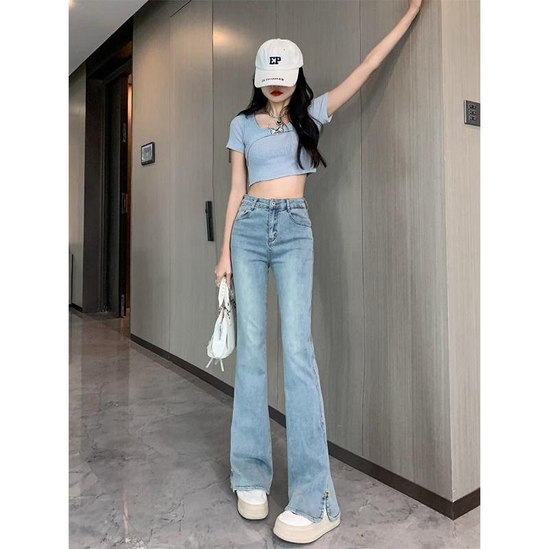 Women’s Light Blue Micro-Flared High-Waisted Jeans, Slit Design, Horseshoe Pants, Spring/Summer Style, Slimming American High Street Fashion.