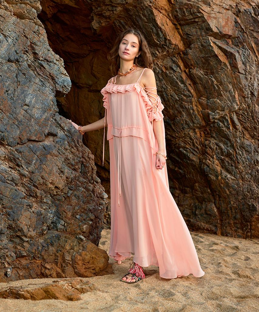 Aiseugadeuneiogongpal Off-Shoulder Chiffon Dress_Peach Cream