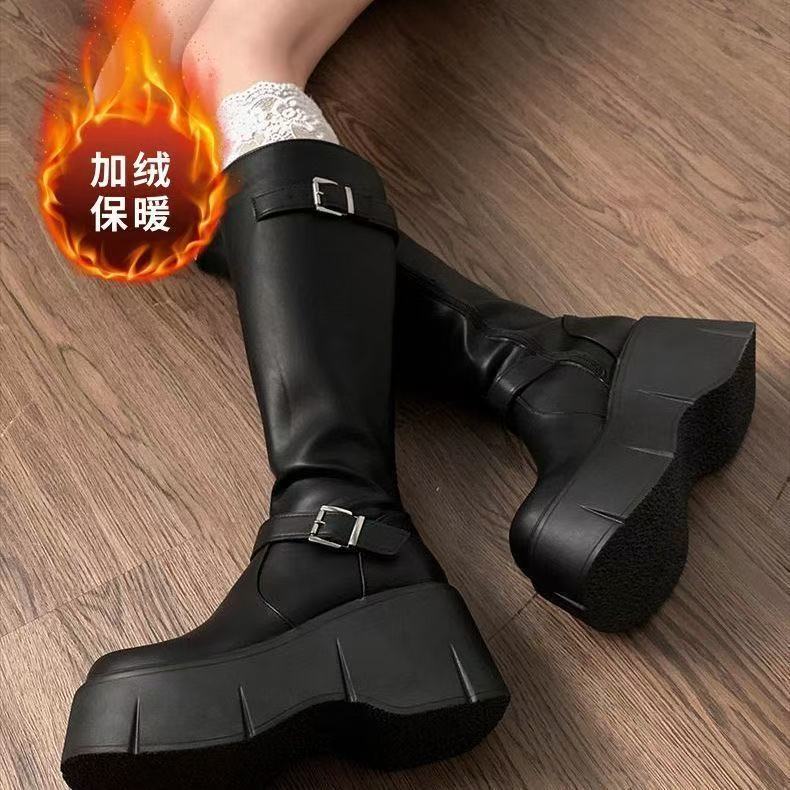 Retro French black platform boots, new summer small fat mm thin and heightened knight boots