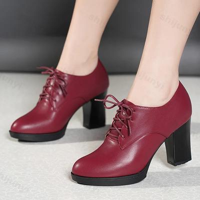 New Women Pumps Shoes PU Leather Elegant Pointed Toe Lace-Up Thick High Heels Shallow Solid Casual Plus Size 43 Female Shoe