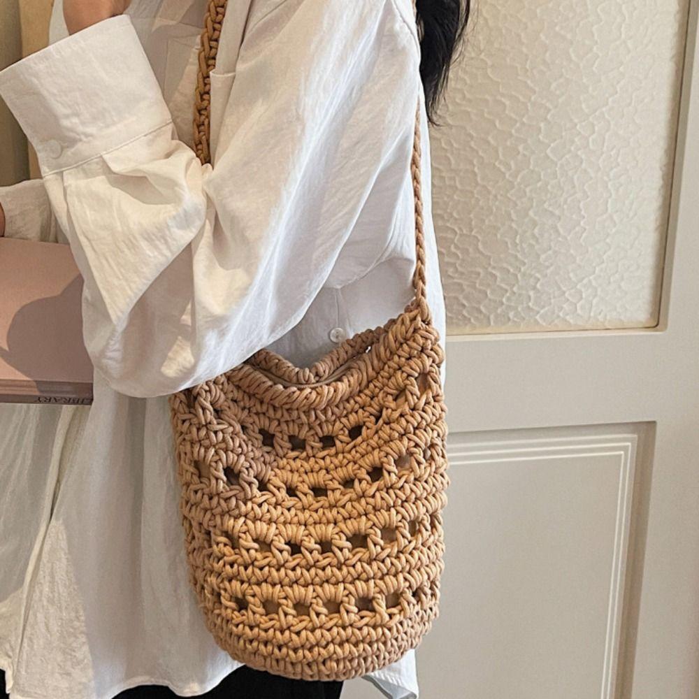 Solid Color Crochet Tote Bag Braided Knitted Shoulder Bag Cute Beach Bag Ladies/Girls