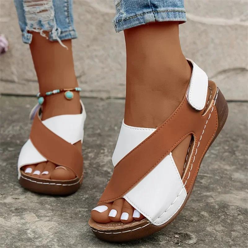 Fashion Women Wedge Sandals 2025 New Comfortable Non Slip Beach Shoes Woman Mix Color Leather Platform Roman Sandals Zapatos De Mujer