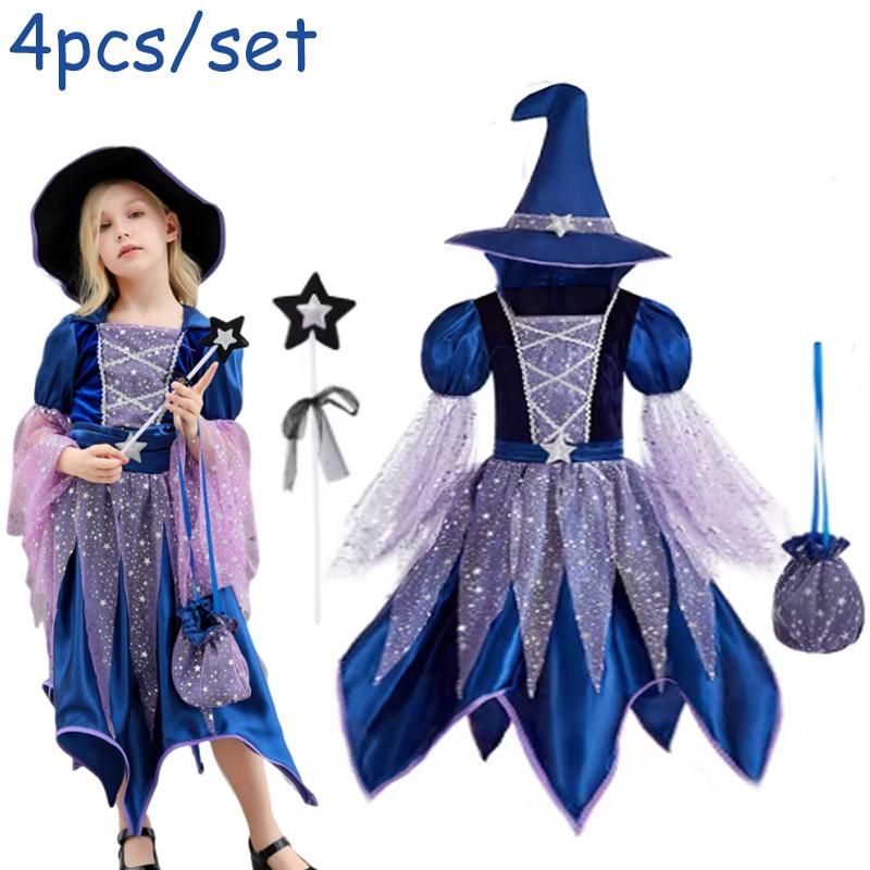 Halloween Party Costumes Witch Dress for Girls Kids Cosplay Carnival Witch Costume Pumpkin Dress Up With Bag Hat Wand Clothing