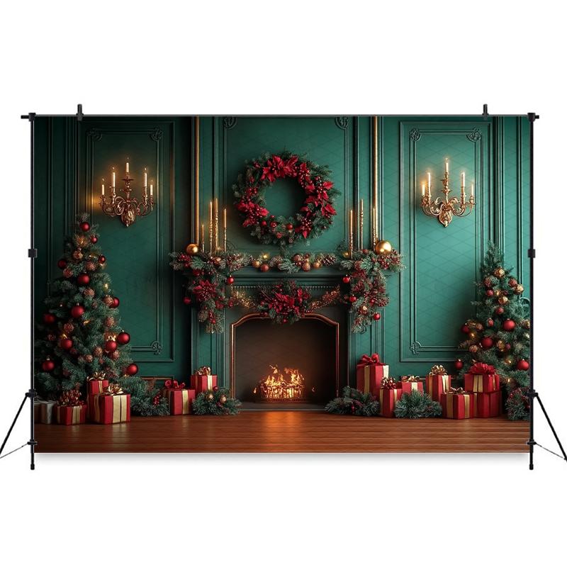 Mocsicka Christmas Photography Backgrounds Tree Decors Family Festival Party Photo Backdrops Green Wall Fireplace Pattern Banner