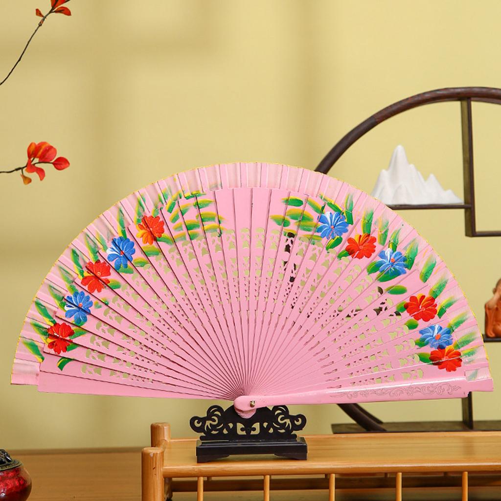 Women Vintage Spanish Folding Fan Double-Side Flower Painting Gypsy Wooden Hand Fan for Dance Festival Decoration