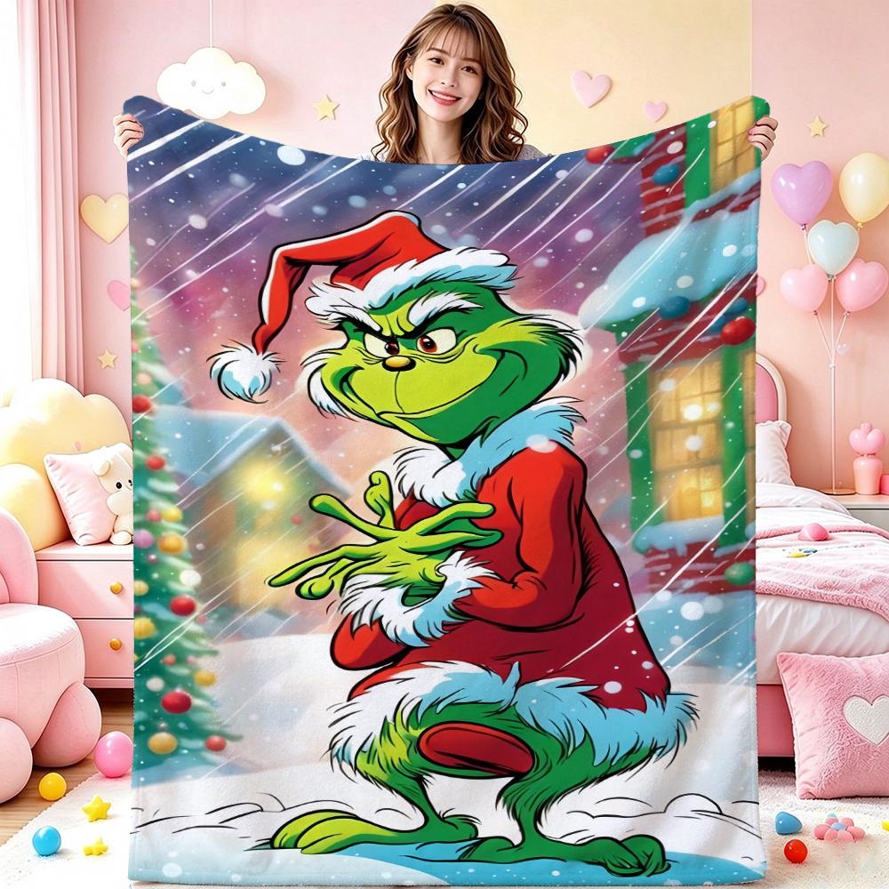 Ho Ho Ho Merry Grinch Christmas Theme Cartoon Flannel Blanket Soft Warm Throw Blanket For Office Sofa Lightweight Home Decor Memorial Gift