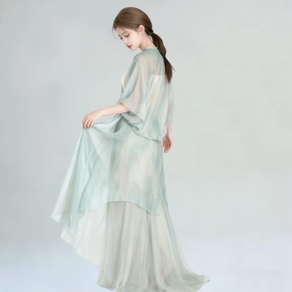 Damen chinesischer Stil Farbverlauf Fließendes Tanzkleidungsset, Lockeres asymmetrisches Oberteil & Maxirock, Elegantes Performance-Kostüm