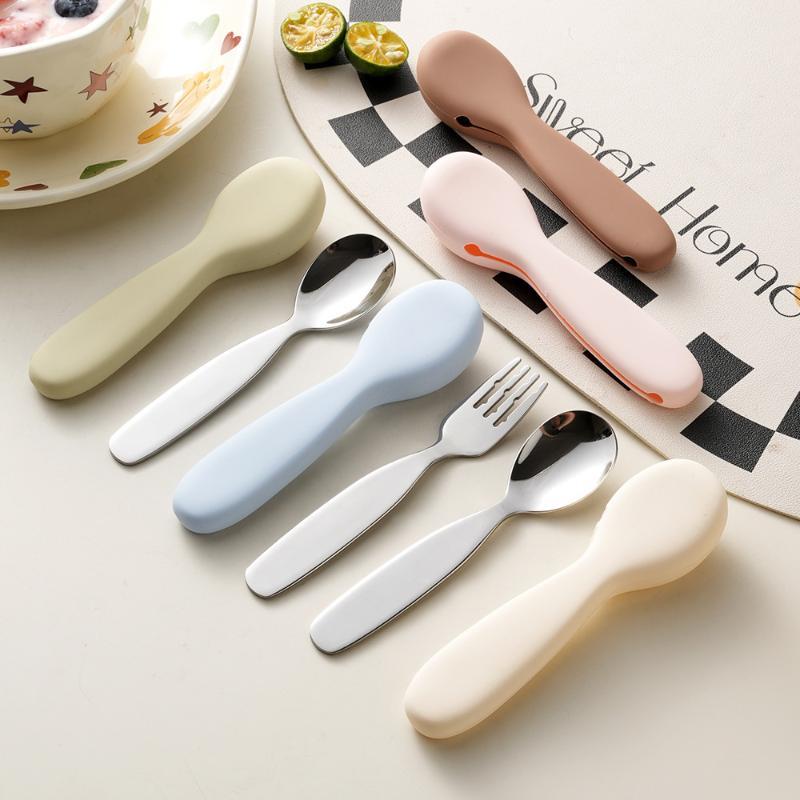 Food Safe Toddler Spoon and Fork Set Stainless Steel with Waterproof Silicone Storage Case for Kids School Lunch Use