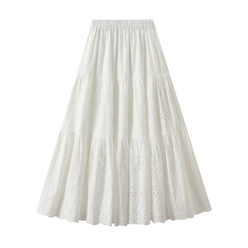 Women Summer Maxi Skirt Cute Elastic High Waist Boho Eyelet A-Line Flwoy Long Skirts Spring Lace Tiered Maxi Skirt Beach Vacation Skirts for Women