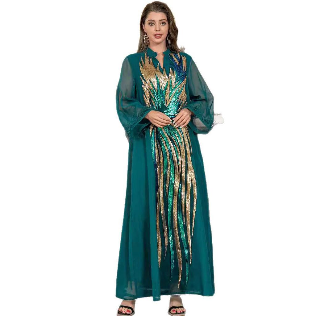 SW008 V-Neck Long Sleeve Muslim Abaya with Ostrich Feather and Sequin Embellishments