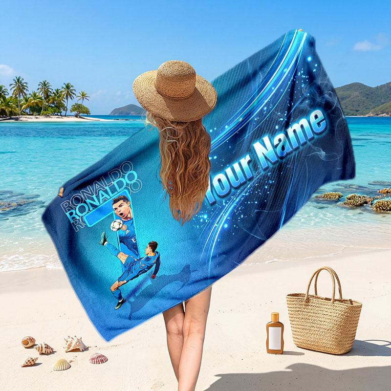 Cristiano Ronaldo Custom Beach Towel, Personalized Name Text Print, Football Logo Soft Quick‑Dry Towel Holiday Gift