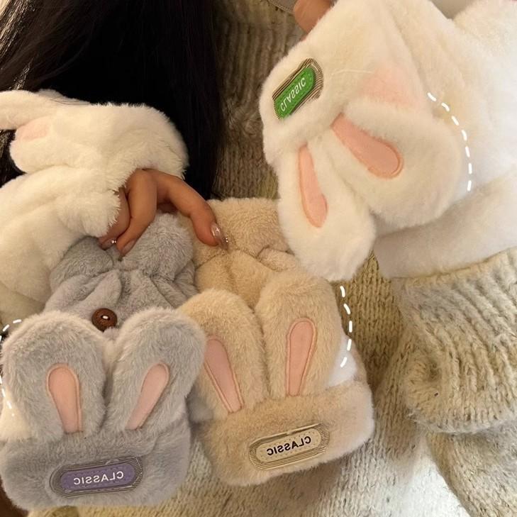 Gloves for Women In Winter Cute Student Warm Cute Rabbit Flap Cover with Fingers and Write Plush Half Fingers Plus Velvet Riding Bike Anti Freeze
