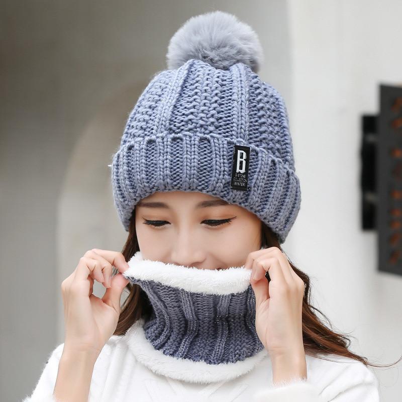 Winter Hat Womens Beanie Hats Thick Warm  Winter Women Knitted Hat B Letter Bonnet Beanie Cap Cycling Hat Scarf 2pc Sets